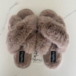 Plush Crisscross Slippers in Taupe